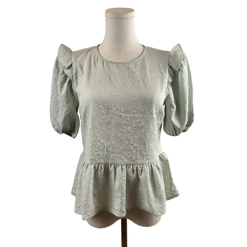 NEW Express X-Small Green Blouse Pullover Puff Sleeves Shoulder Ruffle Peplum